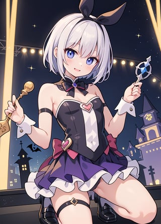 Pretty young, cheerful smile, magical girl, the stage is midnight Halloween, short hair, straight hair, slender and cute body,