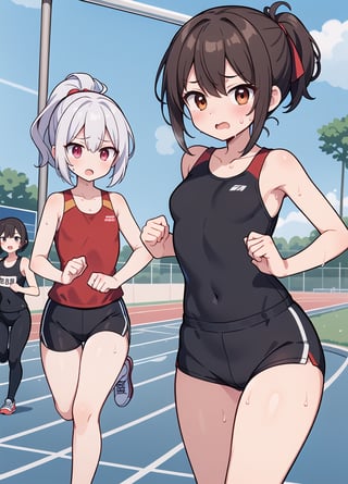 Kawaii,Kawaii,(Pretty young),3girls,(Track and field black and red two-tone uniform),sports shorts,no socks,sneakers,running in the schoolyard,(black and brown short hair),(straight hair),hair tied up,(Open your mouth wide and energetically),Some teeth are visible,dynamic,(with a cute slender figure and little small but round pointed breasts),overall slim,beautiful nose,(best quality),(highly detailed), masterpiece,(beautiful slender legs,beautiful narrow waist,small butt),(white beautiful skin),(sweat:1.4)
,(professional photo graphy),