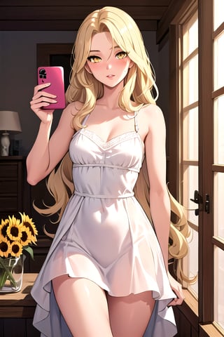 masterpiece, best quality, (self review: 1.5), beautiful woman, very long blond wavy hair. golden eyes. Lush lips,  slim body. blushing. Very Fluffy little dress. Summer. Sunflowers.