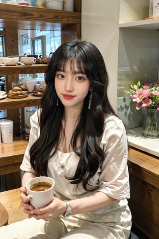 1girl, beautiful, black hair, long hair, smiling, coffee shop, sitting, (20yo:1.3), detailed eyes, light blush, white dress, (flowers in hair:1.1), looking at viewer, counter, espresso machine, cups, pastries, warm lighting, cosy atmosphere, beautifully detailed background, realistic, ambient light, (cinematic composition:1.3), HDR, Accent Lighting, wide-angle lens, best quality, masterpiece.