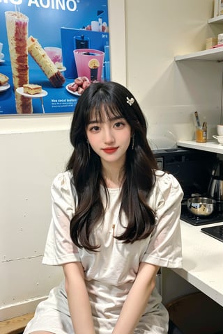 1girl, beautiful, black hair, long hair, smiling, coffee shop, sitting, (20yo:1.3), detailed eyes, light blush, white dress, (flowers in hair:1.1), looking at viewer, counter, espresso machine, cups, pastries, warm lighting, cosy atmosphere, beautifully detailed background, realistic, ambient light, (cinematic composition:1.3), HDR, Accent Lighting, wide-angle lens, best quality, masterpiece.