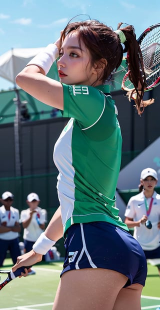 A beautiful young athlete is captured in a stunning side shot as she competes in a tennis match at the Olympics. Her toned, graceful physique is showcased in a sleek, form-fitting tennis outfit, the crisp white fabric contrasting with the vibrant green of the court. Her hair is tied back in a stylish yet practical manner, emphasizing her focused expression and determined eyes. She strikes a powerful and elegant pose, exuding both beauty and strength. Her muscles are defined, and her body is perfectly balanced, highlighting her athletic prowess and the grace of her movements. The background is a vibrant Olympic stadium filled with cheering fans and colorful flags from around the world, adding to the intensity and excitement of the moment. The arena lights cast a perfect glow on her, enhancing the realism and high-definition quality of the image. This vivid capture brings to life the spirit of the Olympics and the beauty and power of tennis.,best quality