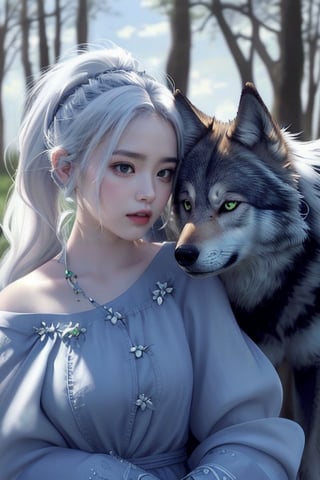 Majestic Nahida, with her stunning white hair styled in a side ponytail and striking green eyes (1.5), gazing lovingly at a majestic wolf companion. The wolf's gray and black fur blends seamlessly into the sky background as it nuzzles Nahida's face. Her beautiful detail eyes seem to sparkle with affection, while her pointy ears subtly frame her face. With one eye closed in a serene expression, Nahida exudes a sense of peaceful harmony with nature. The wolf looks handsome ,smiling 