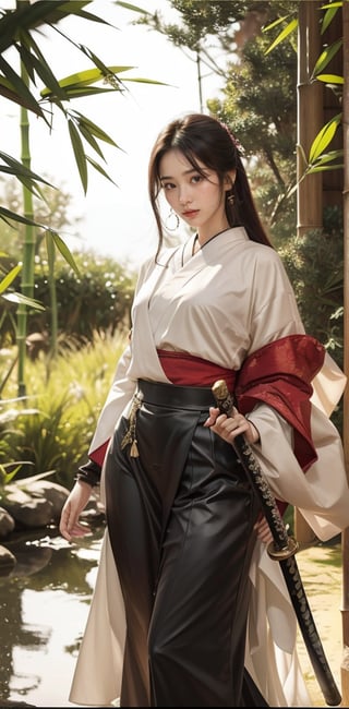 A stunning Taiwanese beauty, 23 years old, stands confidently amidst a serene bamboo grove, her flowing white dress with elegant long slits showcasing her toned physique  perfectly proportioned legs exuding sensuality. Her pose captures the essence of holding the katana with clear, high-quality detail, the hilt wrapped in traditional Japanese style and scabbard ornately decorated. Her expression conveys murderous intent as she displays the sword with precision, echoing Xuer Ai Yazawa's aesthetic. The composition frames her captivating figure against the peaceful bamboo backdrop, highlighting her power and beauty. She holds an exquisite katana with both hands, her fingers gripping the hilt firmly yet gracefully. The katana is long, slender, and gracefully curved,The hand proportions are displayed normally, with no disconnection or deformation.,xuer ai yazawa style girl, The girl's face is full of murderous intent and she looks extremely fierce,high quality ,female killer