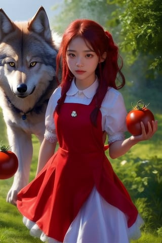 A young farm girl with red, in her farming costume, harvests tomato, (bangs), Light 
A handsome wolf follows her,The relationship between the wolf and the girl appears to be extremely close,the girl is smiling 