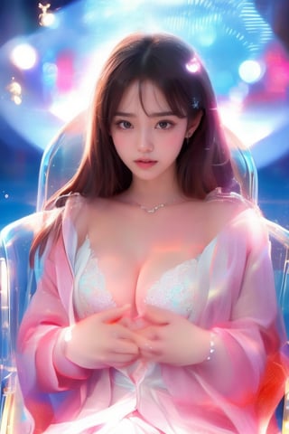 A beautiful lady relaxing lay in a transparent chair, eyes closed, shirt unbuttoned, surrounded with gleaming musical symbols swirls, bathed in soft light against a tranquil backdrop, creating a stunning visual experience, photo-realistic, very realistic, live-action adaptation movie