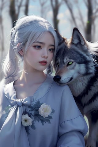 Majestic Nahida, with her stunning white hair styled in a side ponytail and striking green eyes (1.5), gazing lovingly at a majestic wolf companion. The wolf's gray and black fur blends seamlessly into the sky background as it nuzzles Nahida's face. Her beautiful detail eyes seem to sparkle with affection, while her pointy ears subtly frame her face. With one eye closed in a serene expression, Nahida exudes a sense of peaceful harmony with nature. The wolf looks handsome ,smiling ,full body