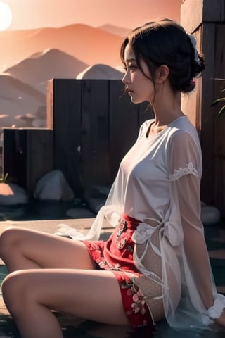 1girl, solo, short hair, black hair, White long and see-through skirt,whole body, flower, redscale, profile,sunset,movie mood,Beauty,Sexy pajamas