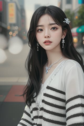 a beautiful young girl, oval face, frosty lips, small earrings,intricate high quality details,city background photorealistic,idol,Korean,perfect light,korean,beauty,the face is almost the same as photo 