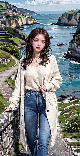 "Generate an image of a Spanish woman from the Basque country in the north, radiating beauty and strength, set against the picturesque backdrop of the rugged coastline or verdant hills of the Basque region. Adorn her with a warm and inviting smile that reflects the hospitality and resilience of Basque culture. Dress her in elegant yet practical attire that reflects the region's maritime heritage and mountainous terrain, whether it's a comfortable sweater paired with jeans or a stylish dress that captures the essence of Basque fashion. Let her hair flow freely in the breeze or styled in loose waves, echoing the untamed beauty of the Basque landscape. Adorn her with accessories that reflect her connection to the land and sea, such as a handcrafted necklace made from local materials or a scarf adorned with traditional Basque patterns. Set the scene against the breathtaking backdrop of the Basque countryside or coastline, with its dramatic cliffs, lush greenery, and charming villages nestled against the rugged terrain. Capture the spirit of her independence and resilience, inviting viewers to experience the natural beauty and cultural richness of the Basque country through her eyes.",best quality,masterpiece