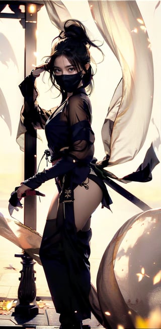 A stunning female ninja stands at the threshold of a traditional Japanese torii gate, bathed in the soft glow of a luminous moon. Her intense gaze is directed forward, her translucent veil partially obscuring her striking features. Exquisite folds of her ninja attire accentuate her alluring legs . The dramatic atmosphere is amplified by the gate's imposing architecture and the girl's confident, deadly intent. The girl has wear "see-through veil" with a serious expression and is full of murderous intent,xuer ai yazawa style girl , Wearing white ninja uniform, Full of murderous intent,killer