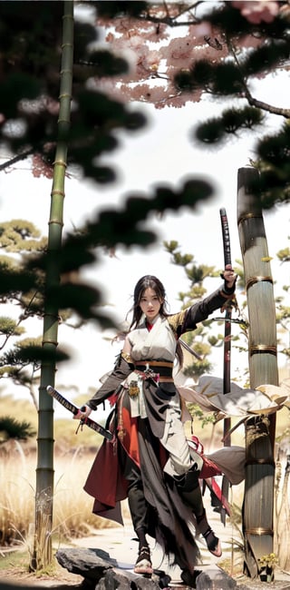 A stunning Taiwanese beauty, 23 years old, stands confidently amidst a serene bamboo grove, her flowing white dress with elegant long slits showcasing her toned physique as she draws a Japanese traditional samurai sword with perfectly proportioned legs exuding sensuality. Her pose captures the essence of holding the katana with clear, high-quality detail, the hilt wrapped in traditional Japanese style and scabbard ornately decorated. Her expression conveys murderous intent as she displays the sword with precision, echoing Xuer Ai Yazawa's aesthetic. The composition frames her captivating figure against the peaceful bamboo backdrop, highlighting her power and beauty. She holds an exquisite katana with both hands, her fingers gripping the hilt firmly yet gracefully. The katana is long, slender, and gracefully curved,The hand proportions are displayed normally, with no disconnection or deformation.,xuer ai yazawa style girl, The girl has a serious expression and is full of murderous intent