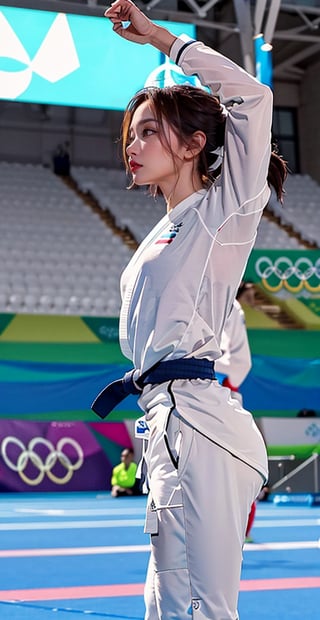 A beautiful young athlete is captured in a stunning side shot as she competes in a Karate match at the Olympics. Her toned, graceful physique is showcased in a sleek, form-fitting Karate gi, the crisp white fabric contrasting with the black belt tied around her waist. Her hair is tied back in a stylish yet practical manner, emphasizing her focused expression and determined eyes. She strikes a powerful and elegant pose, exuding both beauty and strength. Her muscles are defined, and her body is perfectly balanced, highlighting her athletic prowess and the grace of her movements. The background is a vibrant Olympic stadium filled with cheering fans and colorful flags from around the world, adding to the intensity and excitement of the moment. The arena lights cast a perfect glow on her, enhancing the realism and high-definition quality of the image. This vivid capture brings to life the spirit of the Olympics and the beauty and power of Karate.,best quality