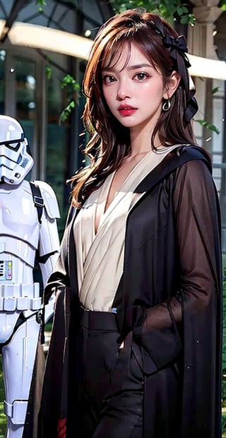 1girl, solo, long hair, looking at the viewer, smile, laugh, teeth, bangs, brown hair, realistic,  wearing a tight black suit, dressed as a Jedi Master. Starwars. black cloak. rope,  standing at warzone, Starwars, Stormtroopers, Sith, explosions, laser shots, earrings, black eyes, lips, bow headband, lips, ribbon, realistic, parted lips, lips, ribbon, realistic, blurry background,high quality 