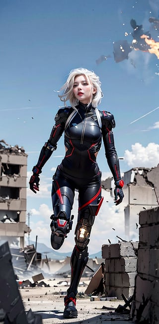 Captured in mid-stride, a lone figure emerges from the smoldering ruins: a slender young female cyborg with piercing blue eyes and striking white hair, clad in a futuristic black and red battle suit. The desolate alien battlefield stretches behind her, littered with twisted metal and shattered debris. Her gaze is fixed ahead, eyes blazing with determination as she surveys the devastation.,ghostrider,best quality,masterpiece