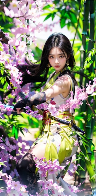 A stunning Taiwanese beauty, 23 years old, stands confidently amidst a serene bamboo grove, her flowing white dress with elegant long slits showcasing her toned physique as she draws a Japanese traditional samurai sword with perfectly proportioned legs exuding sensuality. Her pose captures the essence of holding the katana with clear, high-quality detail, the hilt wrapped in traditional Japanese style and scabbard ornately decorated. Her expression conveys murderous intent as she displays the sword with precision, echoing Xuer Ai Yazawa's aesthetic. The composition frames her captivating figure against the peaceful bamboo backdrop, highlighting her power and beauty. She holds an exquisite katana with both hands, her fingers gripping the hilt firmly yet gracefully. The katana is long, slender, and gracefully curved,The hand proportions are displayed normally, with no disconnection or deformation.,xuer ai yazawa style girl, The girl has a serious expression and is full of murderous intent