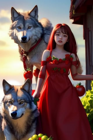 A young sexy girl with red, 24 years old,height 168 cm,in her farming costume, harvests tomato, (bangs), Light A handsome wolf follows her,The relationship between the wolf and the girl appears to be extremely close
,the girl is smiling 