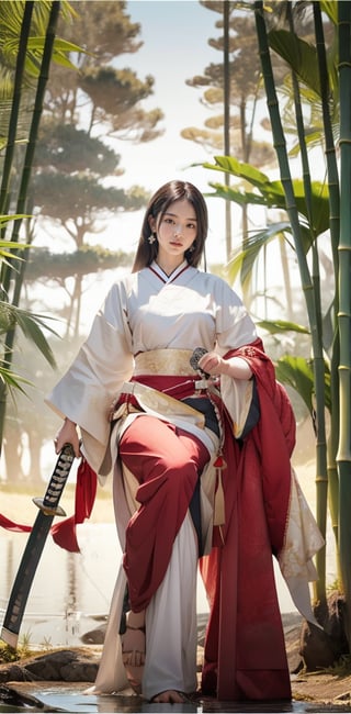 A stunning Taiwanese beauty, 23 years old, stands confidently amidst a serene bamboo grove, her flowing white dress with elegant long slits showcasing her toned physique  perfectly proportioned legs exuding sensuality. Her pose captures the essence of holding the katana with clear, high-quality detail, the hilt wrapped in traditional Japanese style and scabbard ornately decorated. Her expression conveys murderous intent as she displays the sword with precision, echoing Xuer Ai Yazawa's aesthetic. The composition frames her captivating figure against the peaceful bamboo backdrop, highlighting her power and beauty. She holds an exquisite katana with both hands, her fingers gripping the hilt firmly yet gracefully. The katana is long, slender, and gracefully curved,The hand proportions are displayed normally, with no disconnection or deformation.,xuer ai yazawa style girl, The girl's face is full of murderous intent and she looks extremely fierce,high quality ,female killer