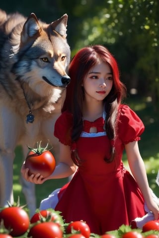 A young sexy girl with red, 22 years old,in her farming costume, harvests tomato, (bangs), Light A handsome wolf follows her,The relationship between the wolf and the girl appears to be extremely close
,the girl is smiling 