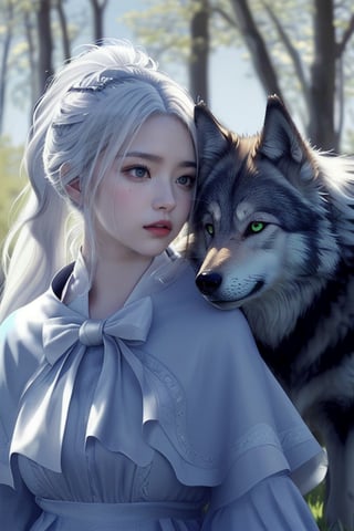 Majestic Nahida, with her stunning white hair styled in a side ponytail and striking green eyes (1.5), gazing lovingly at a majestic wolf companion. The wolf's gray and black fur blends seamlessly into the sky background as it nuzzles Nahida's face. Her beautiful detail eyes seem to sparkle with affection, while her pointy ears subtly frame her face. With one eye closed in a serene expression, Nahida exudes a sense of peaceful harmony with nature. The wolf looks handsome 