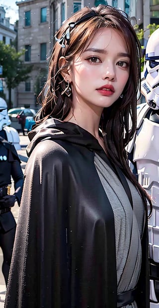 1girl, solo, long hair, looking at the viewer, smile, laugh, teeth, bangs, brown hair, realistic,  wearing a tight black suit, dressed as a Jedi Master. Starwars. black cloak. rope,  standing at warzone, Starwars, Stormtroopers, Sith, explosions, laser shots, earrings, black eyes, lips, bow headband, lips, ribbon, realistic, parted lips, lips, ribbon, realistic, blurry background,high quality ,smile