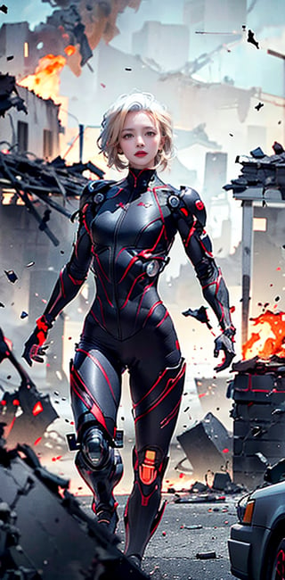 Captured in mid-stride, a lone figure emerges from the smoldering ruins: a slender young female cyborg with piercing blue eyes and striking white hair, clad in a futuristic black and red battle suit. The desolate alien battlefield stretches behind her, littered with twisted metal and shattered debris. Her gaze is fixed ahead, eyes blazing with determination as she surveys the devastation.,ghostrider,best quality,masterpiece