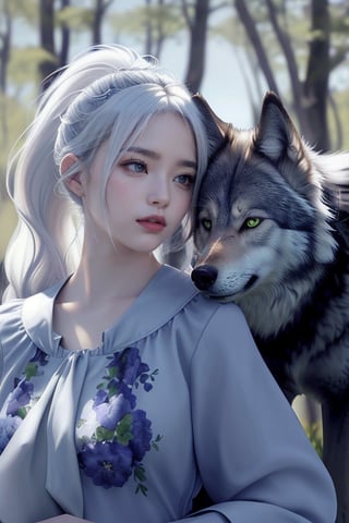 Majestic Nahida, with her stunning white hair styled in a side ponytail and striking green eyes (1.5), gazing lovingly at a majestic wolf companion. The wolf's gray and black fur blends seamlessly into the sky background as it nuzzles Nahida's face. Her beautiful detail eyes seem to sparkle with affection, while her pointy ears subtly frame her face. With one eye closed in a serene expression, Nahida exudes a sense of peaceful harmony with nature. The wolf looks handsome ,smiling , The wolf and the girl are on full display