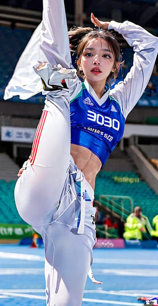 A beautiful young athlete is captured in a stunning side shot as she competes in a Taekwondo match at the Olympics. Her toned, athletic physique is showcased in a sleek, form-fitting Taekwondo uniform, the crisp white fabric contrasting with the black belt tied around her waist. Her hair is tied back in a stylish yet practical manner, emphasizing her focused expression and determined eyes. She is mid-kick, her leg extended high with perfect form, showing her strength, flexibility, and the grace of her movements. Her kick highlights the beauty and sensuality of her athletic prowess, her muscles defined and her body perfectly balanced. The background is a vibrant Olympic stadium filled with cheering fans and colorful flags from around the world, adding to the intensity and excitement of the moment. The arena lights cast a perfect glow on her, enhancing the realism and high-definition quality of the image. This vivid capture brings to life the spirit of the Olympics and the beauty and power of Taekwondo.,masterpiece,best quality