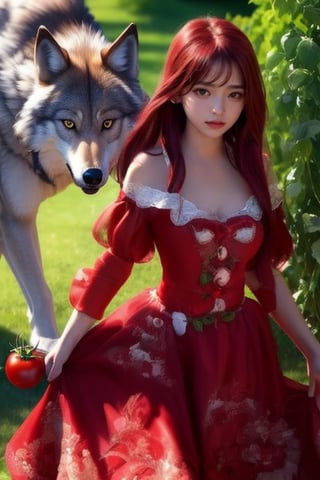 A young sexy girl with red, 22 years old,in her farming costume, harvests tomato, (bangs), Light A handsome wolf follows her,The relationship between the wolf and the girl appears to be extremely close
,the girl is smiling 