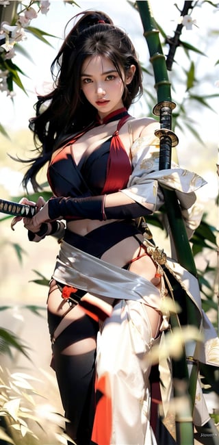 A stunning Taiwanese beauty, 23 years old, stands confidently amidst a serene bamboo grove, her flowing white dress with elegant long slits showcasing her toned physique  perfectly proportioned legs exuding sensuality. Her pose captures the essence of holding the katana with clear, high-quality detail, the hilt wrapped in traditional Japanese style and scabbard ornately decorated. Her expression conveys murderous intent as she displays the sword with precision, echoing Xuer Ai Yazawa's aesthetic. The composition frames her captivating figure against the peaceful bamboo backdrop, highlighting her power and beauty. She holds an exquisite katana with both hands, her fingers gripping the hilt firmly yet gracefully. The katana is long, slender, and gracefully curved,The hand proportions are displayed normally, with no disconnection or deformation.,xuer ai yazawa style girl, The girl's face is full of murderous intent and she looks extremely fierce,high quality 