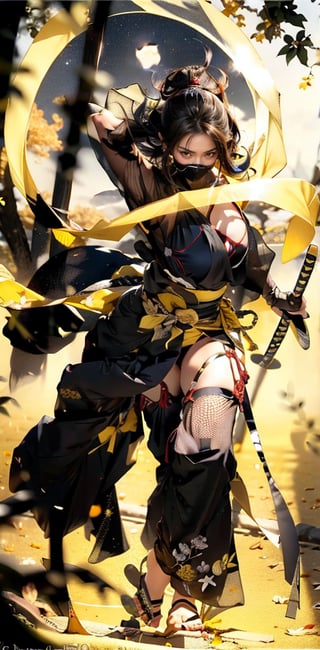 A beautiful female ninja with a serious, intense expression stands poised for action. Her stunning face is partially concealed by a translucent veil, which only enhances her beauty. She is dressed in an exquisite ninja outfit that showcases her beautiful, alluring legs. In her hands, she holds a kunai, displaying an imposing stance. The scene is set against the backdrop of a traditional Japanese torii gate at night, with a large, luminous moon hanging in the sky, adding to the dramatic atmosphere,high quality 