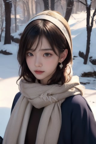 Beautiful and delicate light, (beautiful and delicate eyes), pale skin, big smile, (brown eyes), (brow short hair), dreamy, medium chest , woman 1, (front shot), (( ultra detailed face )) , Korean girl, bangs, soft expression, height 170,elegance, 8k art photo, realistic concept art, realistic, portrait, necklace, earrings, handbag, fantasy, jewelry, shyness, skirt, winter down parka, scarf, snowy street, footprints,
Full body,idol_master,beauty and long hair 