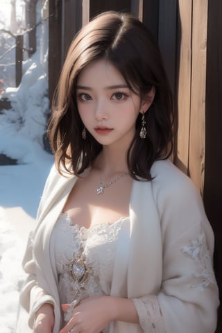 Beautiful and delicate light, (beautiful and delicate eyes), pale skin, big smile, (brown eyes), (brow short hair), dreamy, medium chest , woman 1, (front shot), (( ultra detailed face )) , Korean girl, bangs, soft expression, height 170,elegance, 8k art photo, realistic concept art, realistic, portrait, necklace, earrings, handbag, fantasy, jewelry, shyness, skirt, winter down parka, scarf, snowy street, footprints,
Full body,idol_master,beauty and long hair , gorgeous costumes