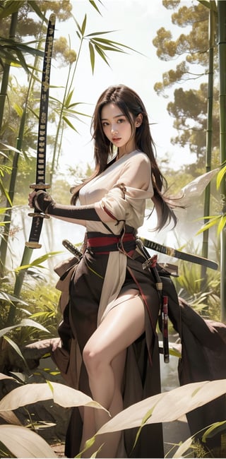 A stunning Taiwanese beauty, 23 years old, stands confidently amidst a serene bamboo grove, her flowing white dress with elegant long slits showcasing her toned physique  perfectly proportioned legs exuding sensuality. Her pose captures the essence of holding the katana with clear, high-quality detail, the hilt wrapped in traditional Japanese style and scabbard ornately decorated. Her expression conveys murderous intent as she displays the sword with precision, echoing Xuer Ai Yazawa's aesthetic. The composition frames her captivating figure against the peaceful bamboo backdrop, highlighting her power and beauty. She holds an exquisite katana with both hands, her fingers gripping the hilt firmly yet gracefully. The katana is long, slender, and gracefully curved,The hand proportions are displayed normally, with no disconnection or deformation.,xuer ai yazawa style girl, The girl's face is full of murderous intent and she looks extremely fierce,high quality ,female killer