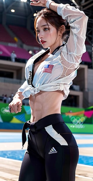 A beautiful young athlete is captured in a stunning side shot as she competes in a Karate match at the Olympics. Her toned, graceful physique is showcased in a sleek, form-fitting Karate gi, the crisp white fabric contrasting with the black belt tied around her waist. Her hair is tied back in a stylish yet practical manner, emphasizing her focused expression and determined eyes. She strikes a powerful and elegant pose, exuding both beauty and strength. Her muscles are defined, and her body is perfectly balanced, highlighting her athletic prowess and the grace of her movements. The background is a vibrant Olympic stadium filled with cheering fans and colorful flags from around the world, adding to the intensity and excitement of the moment. The arena lights cast a perfect glow on her, enhancing the realism and high-definition quality of the image. This vivid capture brings to life the spirit of the Olympics and the beauty and power of Karate.,best quality