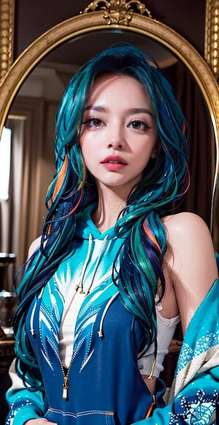 A stunning portrait of a young woman dressed in a vibrant, multicolored hoodie with swirling patterns of blue, orange, and teal. Her long, flowing hair cascades down her shoulders, complementing the intricate design of her outfit. The background mirrors the psychedelic patterns of her attire, creating a seamless, mesmerizing effect. The woman's expression is calm and confident, her gaze directed towards the viewer. The overall scene exudes a sense of bold, artistic flair and modern fashion.,best quality,masterpiece