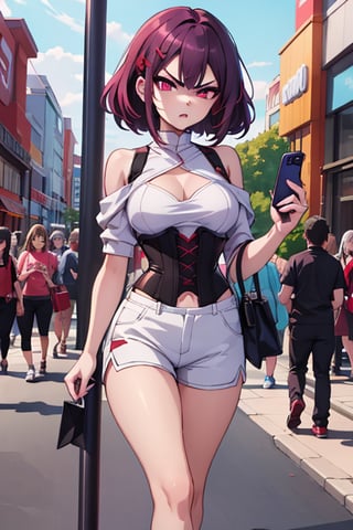 Highly detailed, high quality, masterpiece, beautiful, Anime girl, short dark purple hair, bold, angry look, red corset, white shorts, red sneakers, phone in hand, bag in hand, leaning on pole, bare shoulders, bare chest, white barrette in hair, pink eyes, background : shopping plaza, busy, people walking, day,