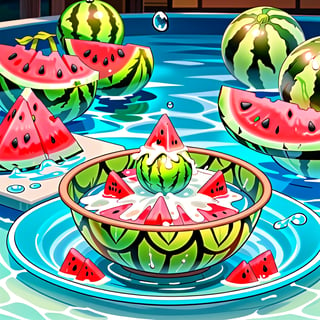 food, water, blurry, no humans, fruit, water drop, splashing, watermelon, food focus, still life,ANIME 