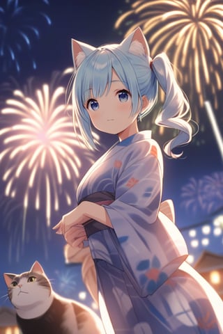 
In a yukata, with light blue hair, cat ears, a side ponytail, fireworks in the background, low angle.
