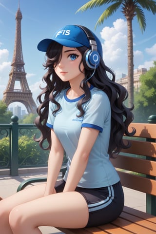 Master piece, generate image of a Girl with headphones, cap, dreamy expression, sitting a bench in the gardens of the Eiffel tower, training wear, t-shirt and sport shorts, (ultra detailed perfect piece:1.2), illustration, masterpiece, (extremely detailed CG 8k), (very fine 8K CG), (1girl:1.2), (dark hair), long hair, wavy hair, hair over one eye, sparkling, light blue eyes, looking at side,