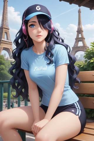 Master piece, generate image of a Girl with headphones, cap, dreamy expression, sitting a bench in the gardens of the Eiffel tower, training wear, t-shirt and sport shorts, (ultra detailed perfect piece:1.2), illustration, masterpiece, (extremely detailed CG 8k), (very fine 8K CG), (1girl:1.2), (dark hair), long hair, wavy hair, hair over one eye, sparkling, light blue eyes, looking at side,