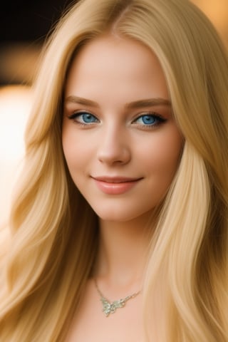 A young woman with long blonde hair, blue eyes and a radiant smile looks at the camera while walking and posing in a gala dress