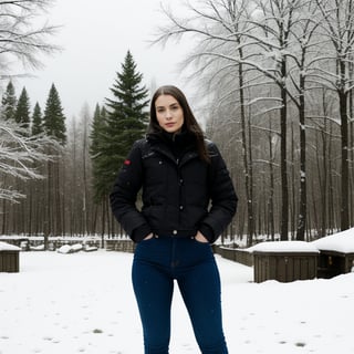 full body, (21yo girl), petite, shy, outdoors, russian girl, upper body focus, snow background