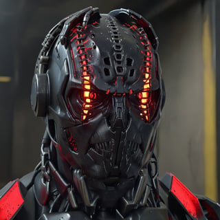 (8k, 3D, UHD, highly detailed, masterpiece, professional oil painting)close-up of robot from side in action pose surrounded by void magic looking at viewer, metalic roboter head (intricate details), (dead), insane, toxic, no hair,volumetric lighting, (dutch angle:0.5),  many red led laser eyes,Dinosaur style metal teeth,bust shot,With a bunch of chains on his head,Sharp black teeth,grim,(Terminator T800:1),6 red pupils in one eye socket,Steel works,head Hot red metallic texture,Shoulder gun,mutant,Burned face,Melting face on fire,Mantis man,sharp-headed,
 lora:add-detail-xl:2
