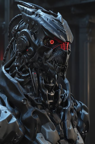 (8k, 3D, UHD, highly detailed, masterpiece, professional oil painting)close-up of robot from side in action pose surrounded by void magic looking at viewer, metalic roboter head (intricate details), (****), insane, toxic, no hair,volumetric lighting, dutch angle,  many red led laser eyes,Dinosaur style metal teeth,bust shot,With a bunch of chains on his head,Sharp black teeth,(Terminator T800:0.5)
lora:add-detail-xl:1
