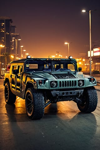 ((masterpiece、highest quality、genuine、Super detailed、High resolution、sharp focus、Live shooting、cinematic lighting))、((vehicle focus、there are no humans))、 4 wheels transport vehicle,Abandoned city at dusk,hummer h1,4 door,  front windshield has two panes,2 round headlights,Double row seat,Correct perspective,