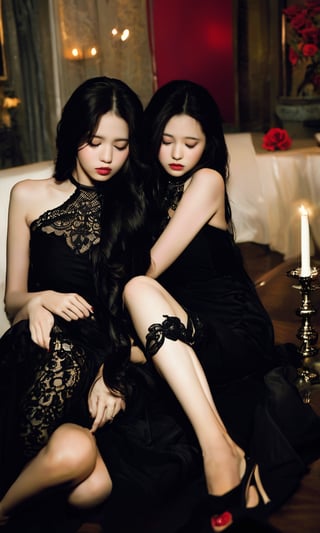 A romantic indoor scene: Two girls with distinct hair styles, one with long brown locks and the other with jet-black tresses, sit together. They wear matching black dresses with lace details and backless designs, adorned with jewelry and makeup. Their eyes are closed, and their mouths are sealed shut, as if in a tender moment. A red rose sits between them on a table, surrounded by candles and a subtle blur effect adds intimacy to the scene.