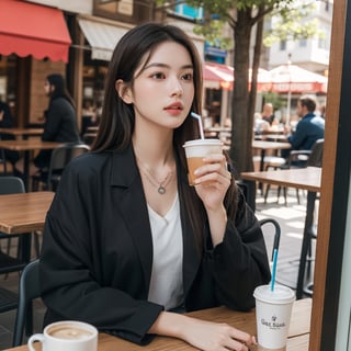 1girl, solo, long hair, brown hair, shirt, jewelry, necklace, lips, traditional media, portrait, realistic, holding, brown eyes, sitting, jacket, white shirt, outdoors, food, day, indoors, tree, cup, lips, black jacket, chair, table, drinking straw, sign, realistic, drink, drinking, disposable cup, restaurant, cafe, real world location