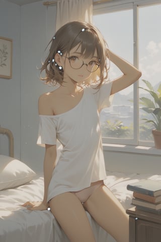 
Description and summary:

Outfit:
  - thin and light sleepwear,
  - simple few pieces that are either tight or oversized,

  Top:
    - loose, oversized t-shirt,
    - falls off one shoulder, revealing her tan line,
    - airy and light fabric, allowing glimpses of her subtle torso,
    - slightly too long, the hem brushing against her upper thighs,
    - soft, worn-in material, comfortable and relaxed,

  Bottom:
    - tight short shorts,
    - hugging her hips and thighs,
    - snug fit, accentuating her slim legs,
    - smooth and stretchy fabric, barely covering her legs,
    - emphasizing the contrast between the loose top and tight bottom,

  Details:
    - outfit is a mix of cozy and revealing, balancing comfort and subtle sensuality,
    - minimal coverage showing off her heavy tan lines, especially around her exposed collarbones and thighs,

Character:
  - cutesy girl with a clumsy demeanor,
  - large round glasses perched on her nose,
  - slim and thin build,
  - tan skin with noticeable tan lines,
  - subtle, perky body peeking out from oversized clothes,
  - well-groomed, yet slightly disheveled from her clumsiness,

  Body:
    - slim, delicate frame,
    - subtle curves, not overly pronounced,

    Torso:
      - subtle chest, with perky breasts visible under the loose fabric,
      - flat stomach with hints of tan lines,
      - light, delicate collarbones that stand out against her tanned skin,

    Limbs:
      - long, slender arms,
      - slim wrists, delicate hands,
      - thin, toned legs, leading down to small feet,

  Head:
    - round face with soft features,
    - large glasses framing her expressive eyes,
    - smooth, tan skin with faint freckles,
    - light blush on her cheeks, adding to her cutesy appearance,

    Face:
      - small, upturned nose,
      - full, pink lips,
      - lightly tanned complexion with a natural glow,

    Eyes:
      - wide, expressive eyes behind her glasses,
      - soft brown color, filled with curiosity,
      - long, delicate lashes peeking over the rims of her glasses,

    Hair:
      - long, tousled hair,
      - soft, light brown color with subtle sun-kissed highlights,
      - loose and slightly messy, falling around her shoulders and down her back,
      - strands of hair occasionally falling into her face, adding to her clumsy charm,

Pose:
  - slightly awkward stance,
  - standing with one hand adjusting her glasses, the other hand brushing back her hair,
  - legs slightly bent, as if unsure of her footing,
  - an innocent and clumsy expression, trying to maintain balance,

Setting:
  - cozy, sunlit bedroom,
  - light streaming in through large windows,
  - soft pastel colors decorating the room,

  Environment:
    - small bed with rumpled sheets,
    - a few scattered books and personal belongings on the floor,
    - an open window letting in a light breeze,

  Elements:
      - soft, fluffy pillows on the bed,
      - a small potted plant on the windowsill,
      - a faint scent of fresh flowers in the air,

  Atmosphere:
      - warm and welcoming,
      - a sense of calm and relaxation, despite the character's clumsy nature,

A cutesy, clumsy girl stands in her sunlit bedroom, adjusting her glasses as she tries to balance in her oversized t-shirt and tight shorts. Her tan lines peek through the light fabric, adding to her adorable and slightly awkward charm. 🌸🕶️


###
SFW, safe for work,
Girl's profile picture, realistic skin texture, detailed picture, close-up, HD32k, Cute boobies, tiny breasts, a-cup breasts, showing off breasts, presenting suptle bust,  perfect adorable subtle breasts, cute breasts, small breasts, flatchest, b-cup breasts, spreading legs, thighs apart, wide prominent thighgap, skinny thighs, thin thighs, slim tiny hips), Concept Art, Smooth and Crisp, Sharp Focus, Illustration, score_9, score_8_up, score_7_up, score_6_up, masterpiece, best quality, detailmaster2, 8k, 8k UHD, ultra-high resolution, ultra-high definition, highres,Dynamic, Highly Detailed,  Concept Art, Smooth and Crisp, Sharp Focus, Illustration, Young, Beautiful, cute European-Japanese girl, innocent, small head,