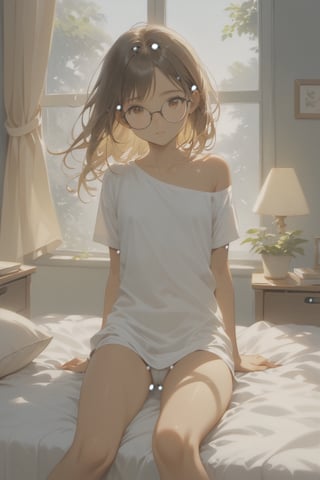 
Description and summary:

Outfit:
  - thin and light sleepwear,
  - simple few pieces that are either tight or oversized,

  Top:
    - loose, oversized t-shirt,
    - falls off one shoulder, revealing her tan line,
    - airy and light fabric, allowing glimpses of her subtle torso,
    - slightly too long, the hem brushing against her upper thighs,
    - soft, worn-in material, comfortable and relaxed,

  Bottom:
    - tight short shorts,
    - hugging her hips and thighs,
    - snug fit, accentuating her slim legs,
    - smooth and stretchy fabric, barely covering her legs,
    - emphasizing the contrast between the loose top and tight bottom,

  Details:
    - outfit is a mix of cozy and revealing, balancing comfort and subtle sensuality,
    - minimal coverage showing off her heavy tan lines, especially around her exposed collarbones and thighs,

Character:
  - cutesy girl with a clumsy demeanor,
  - large round glasses perched on her nose,
  - slim and thin build,
  - tan skin with noticeable tan lines,
  - subtle, perky body peeking out from oversized clothes,
  - well-groomed, yet slightly disheveled from her clumsiness,

  Body:
    - slim, delicate frame,
    - subtle curves, not overly pronounced,

    Torso:
      - subtle chest, with perky breasts visible under the loose fabric,
      - flat stomach with hints of tan lines,
      - light, delicate collarbones that stand out against her tanned skin,

    Limbs:
      - long, slender arms,
      - slim wrists, delicate hands,
      - thin, toned legs, leading down to small feet,

  Head:
    - round face with soft features,
    - large glasses framing her expressive eyes,
    - smooth, tan skin with faint freckles,
    - light blush on her cheeks, adding to her cutesy appearance,

    Face:
      - small, upturned nose,
      - full, pink lips,
      - lightly tanned complexion with a natural glow,

    Eyes:
      - wide, expressive eyes behind her glasses,
      - soft brown color, filled with curiosity,
      - long, delicate lashes peeking over the rims of her glasses,

    Hair:
      - long, tousled hair,
      - soft, light brown color with subtle sun-kissed highlights,
      - loose and slightly messy, falling around her shoulders and down her back,
      - strands of hair occasionally falling into her face, adding to her clumsy charm,

Pose:
  - slightly awkward stance,
  - standing with one hand adjusting her glasses, the other hand brushing back her hair,
  - legs slightly bent, as if unsure of her footing,
  - an innocent and clumsy expression, trying to maintain balance,

Setting:
  - cozy, sunlit bedroom,
  - light streaming in through large windows,
  - soft pastel colors decorating the room,

  Environment:
    - small bed with rumpled sheets,
    - a few scattered books and personal belongings on the floor,
    - an open window letting in a light breeze,

  Elements:
      - soft, fluffy pillows on the bed,
      - a small potted plant on the windowsill,
      - a faint scent of fresh flowers in the air,

  Atmosphere:
      - warm and welcoming,
      - a sense of calm and relaxation, despite the character's clumsy nature,

A cutesy, clumsy girl stands in her sunlit bedroom, adjusting her glasses as she tries to balance in her oversized t-shirt and tight shorts. Her tan lines peek through the light fabric, adding to her adorable and slightly awkward charm. 🌸🕶️


###
SFW, safe for work,
Girl's profile picture, realistic skin texture, detailed picture, close-up, HD32k, Cute boobies, tiny breasts, a-cup breasts, showing off breasts, presenting suptle bust,  perfect adorable subtle breasts, cute breasts, small breasts, flatchest, b-cup breasts, spreading legs, thighs apart, wide prominent thighgap, skinny thighs, thin thighs, slim tiny hips), Concept Art, Smooth and Crisp, Sharp Focus, Illustration, score_9, score_8_up, score_7_up, score_6_up, masterpiece, best quality, detailmaster2, 8k, 8k UHD, ultra-high resolution, ultra-high definition, highres,Dynamic, Highly Detailed,  Concept Art, Smooth and Crisp, Sharp Focus, Illustration, Young, Beautiful, cute European-Japanese girl, innocent, small head,